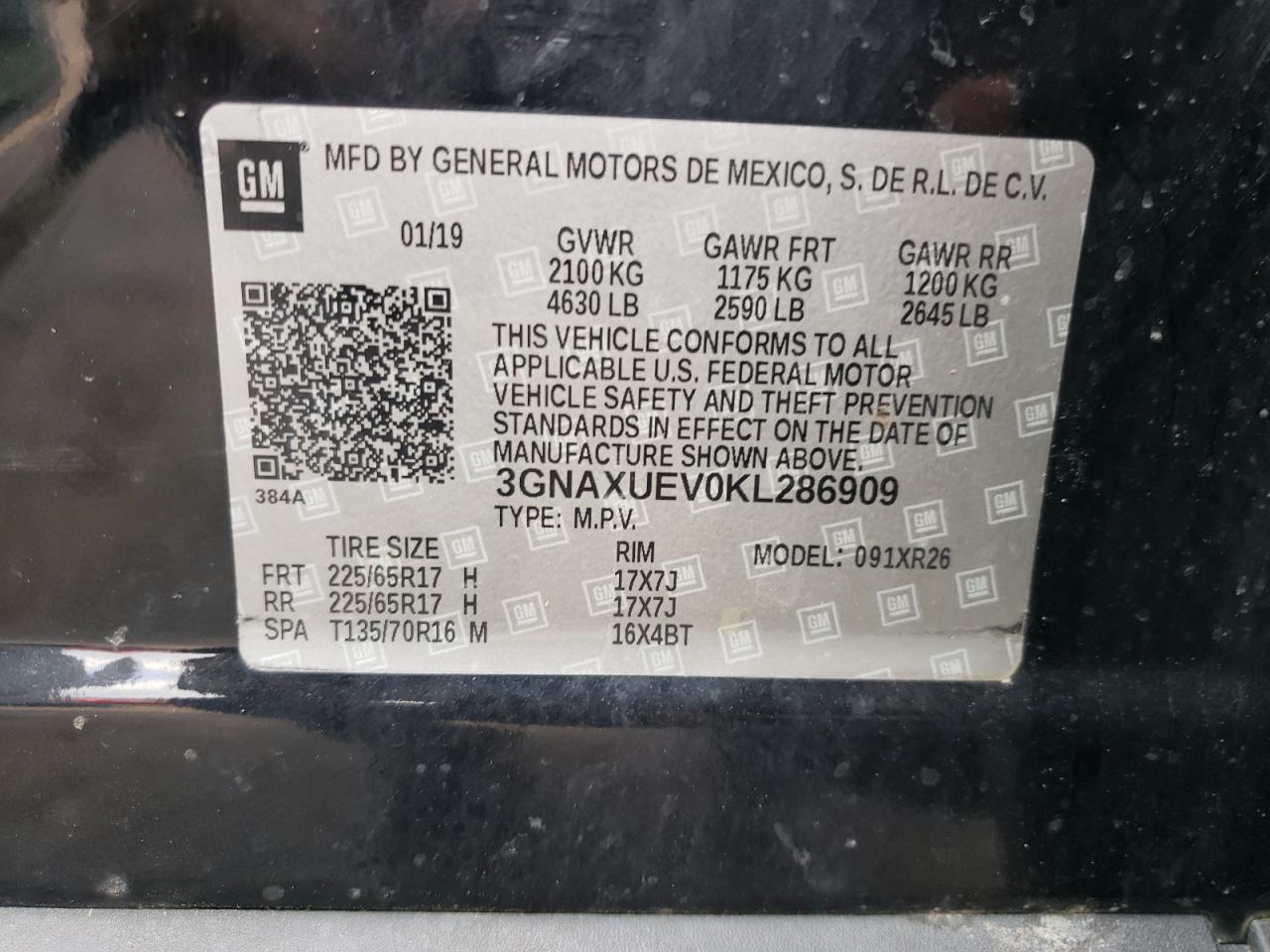 2019 Chevrolet Equinox Lt VIN: 3GNAXUEV0KL286909 Lot: 62819374