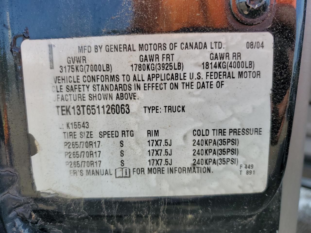 2005 GMC New Sierra K1500 VIN: 2GTEK13T651126063 Lot: 64301454