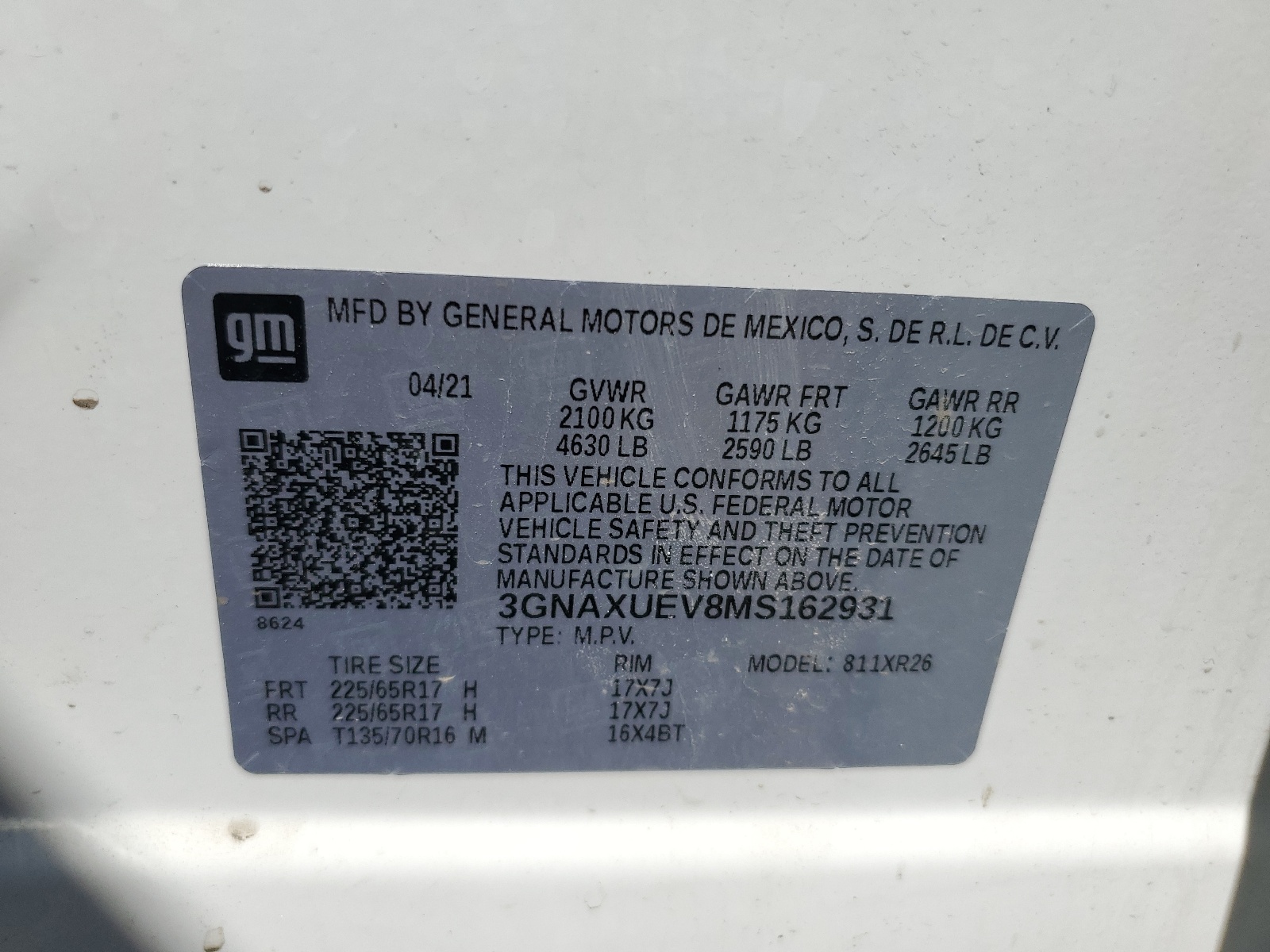 3GNAXUEV8MS162931 2021 Chevrolet Equinox Lt