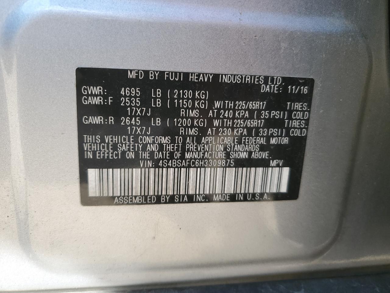 2017 Subaru Outback 2.5I Premium VIN: 4S4BSAFC6H3309875 Lot: 63405114