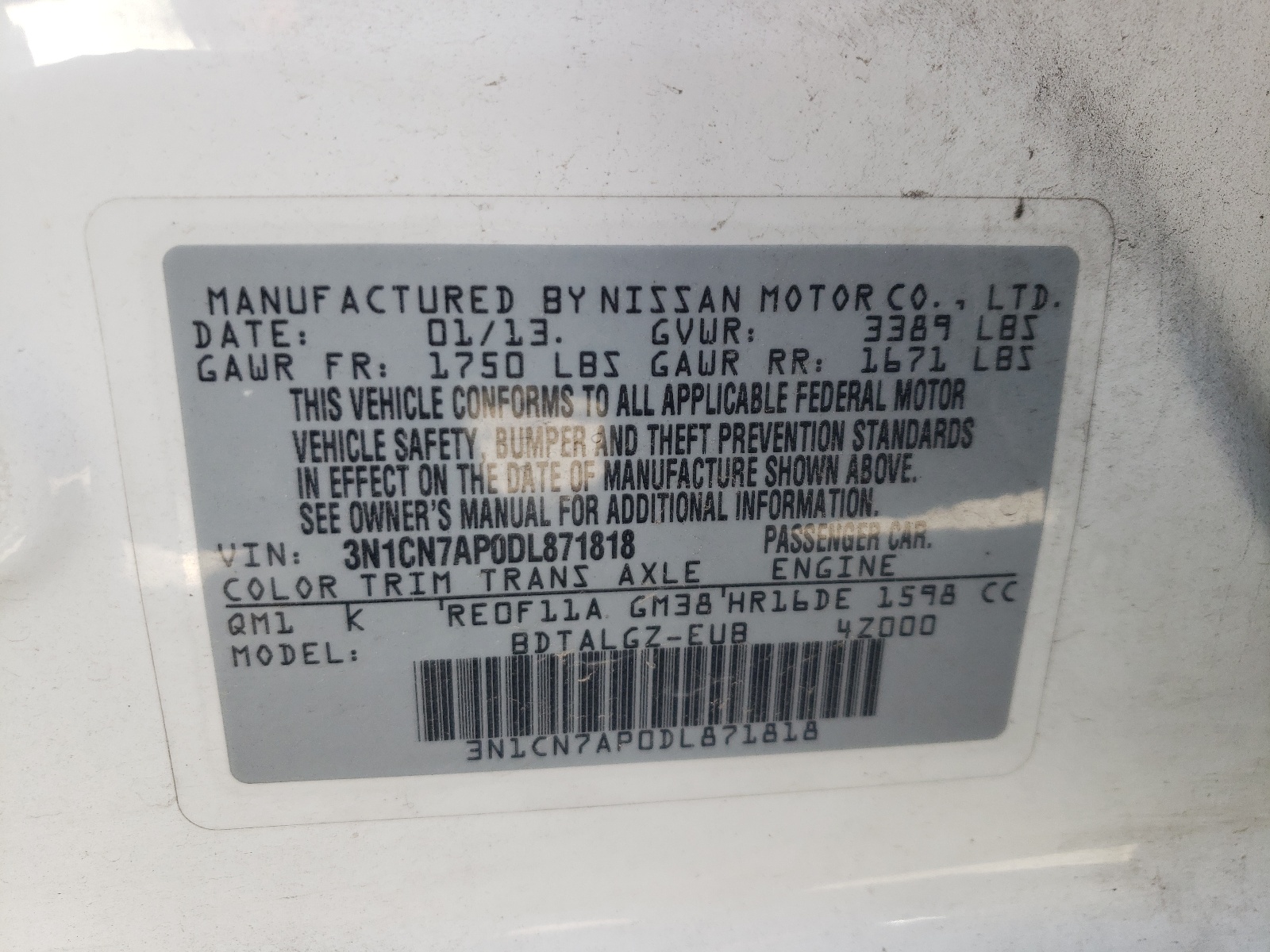 2013 Nissan Versa S vin: 3N1CN7AP0DL871818