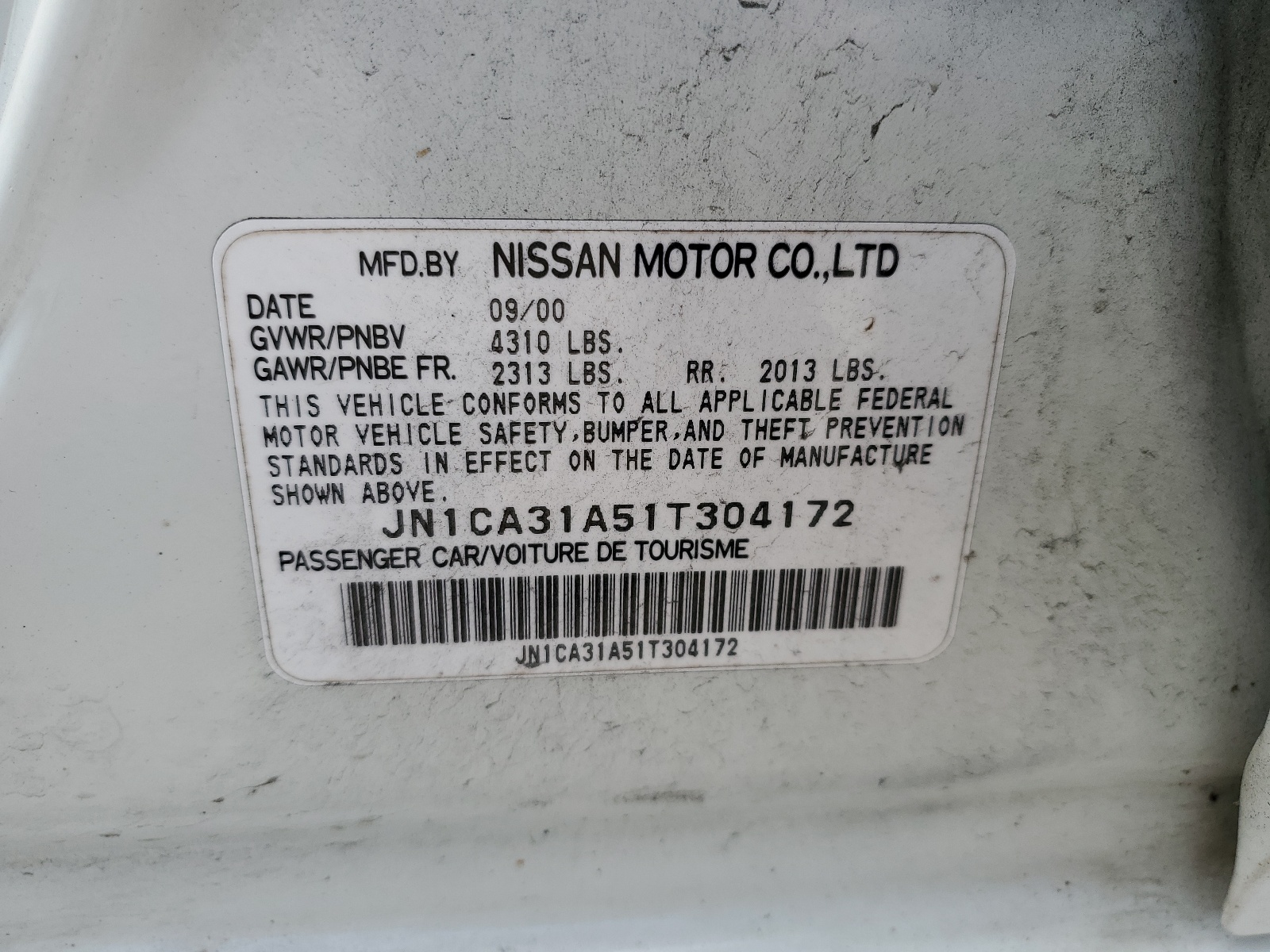 JN1CA31A51T304172 2001 Nissan Maxima Gxe