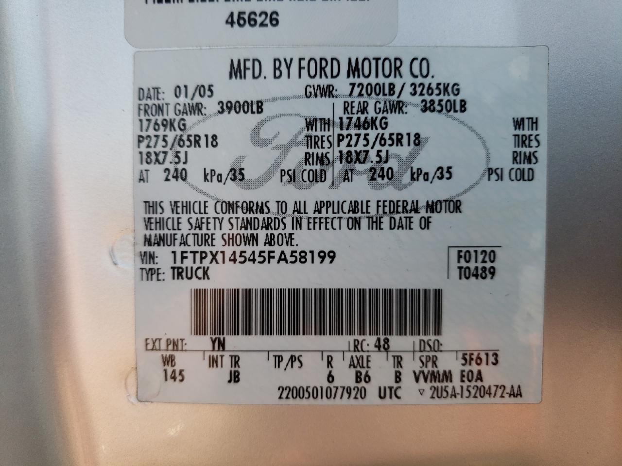 2005 Ford F150 VIN: 1FTPX14545FA58199 Lot: 64639234