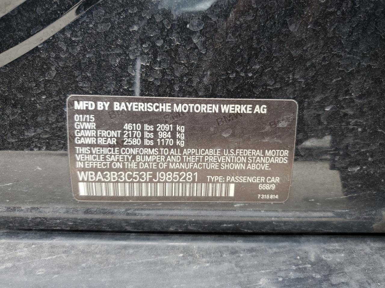 2015 BMW 328 Xi VIN: WBA3B3C53FJ985281 Lot: 61402704