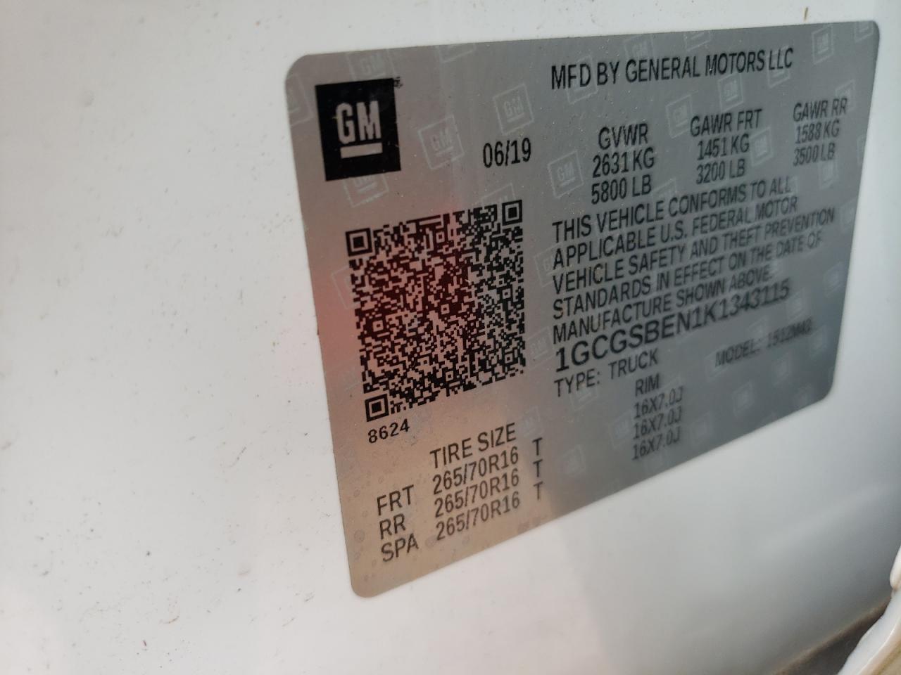 2019 Chevrolet Colorado VIN: 1GCGSBEN1K1343115 Lot: 63080414