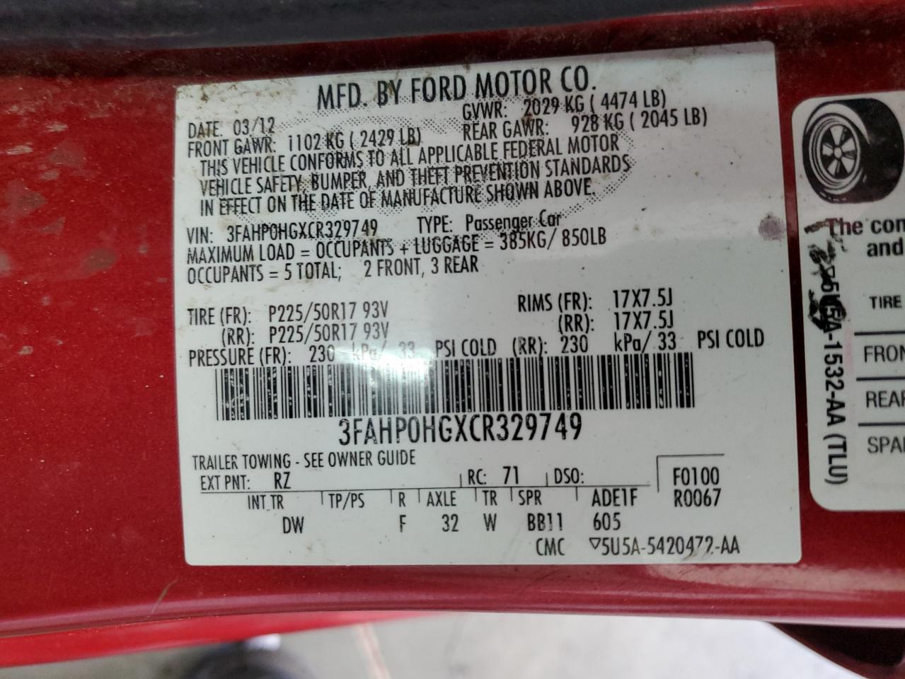 2012 Ford Fusion Se VIN: 3FAHP0HGXCR329749 Lot: 64453484