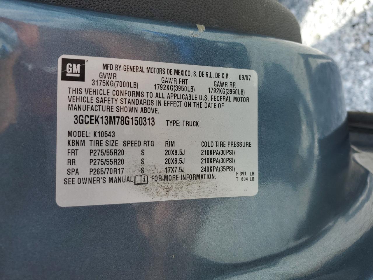 2008 Chevrolet Silverado K1500 VIN: 3GCEK13M78G150313 Lot: 61802604