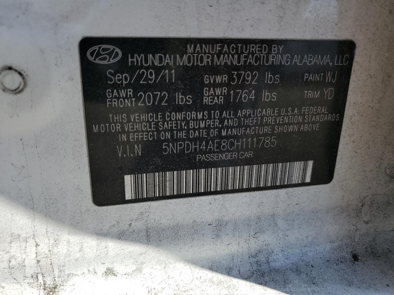 2012 Hyundai Elantra Gls VIN: 5NPDH4AE8CH111785 Lot: 64314324