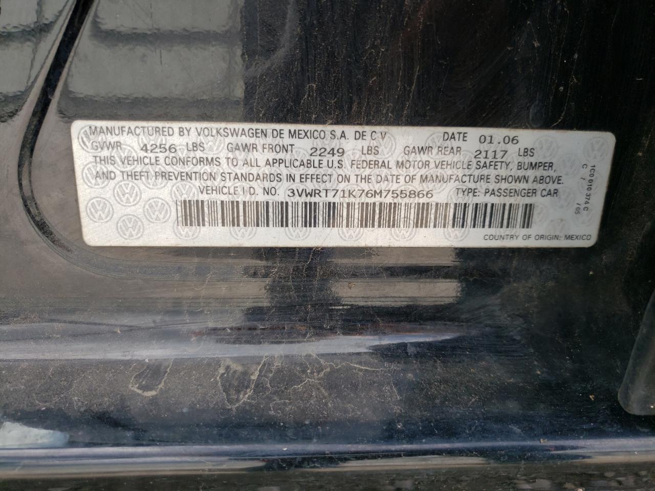 2006 Volkswagen Jetta Tdi VIN: 3VWRT71K76M755866 Lot: 63932404