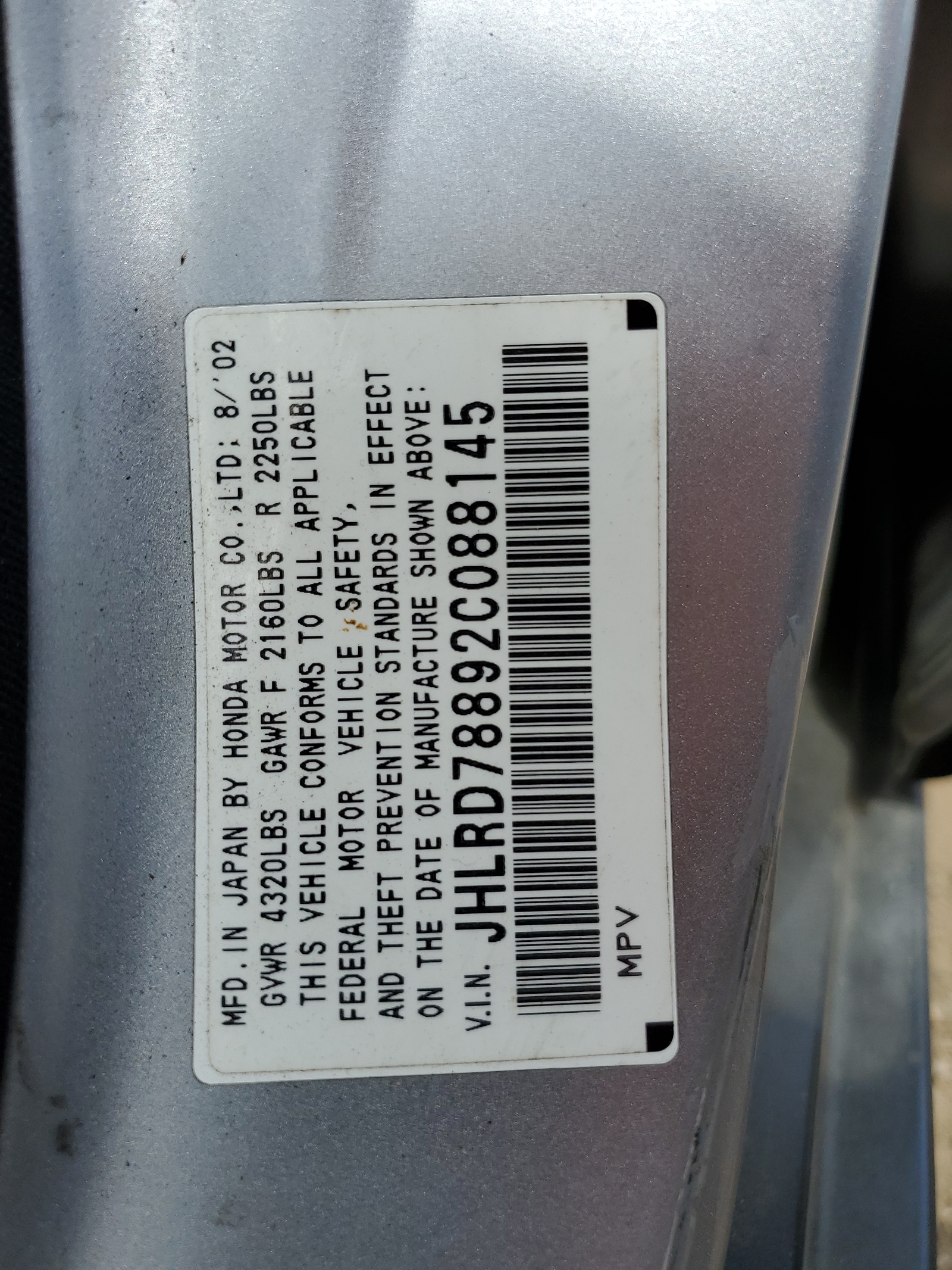 JHLRD78892C088145 2002 Honda Cr-V Ex