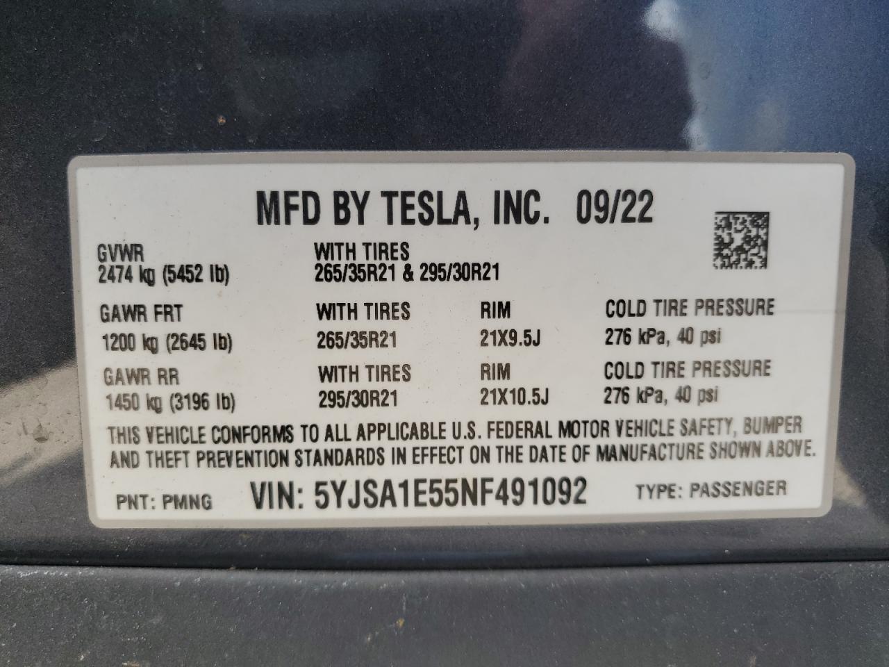 5YJSA1E55NF491092 2022 Tesla Model S