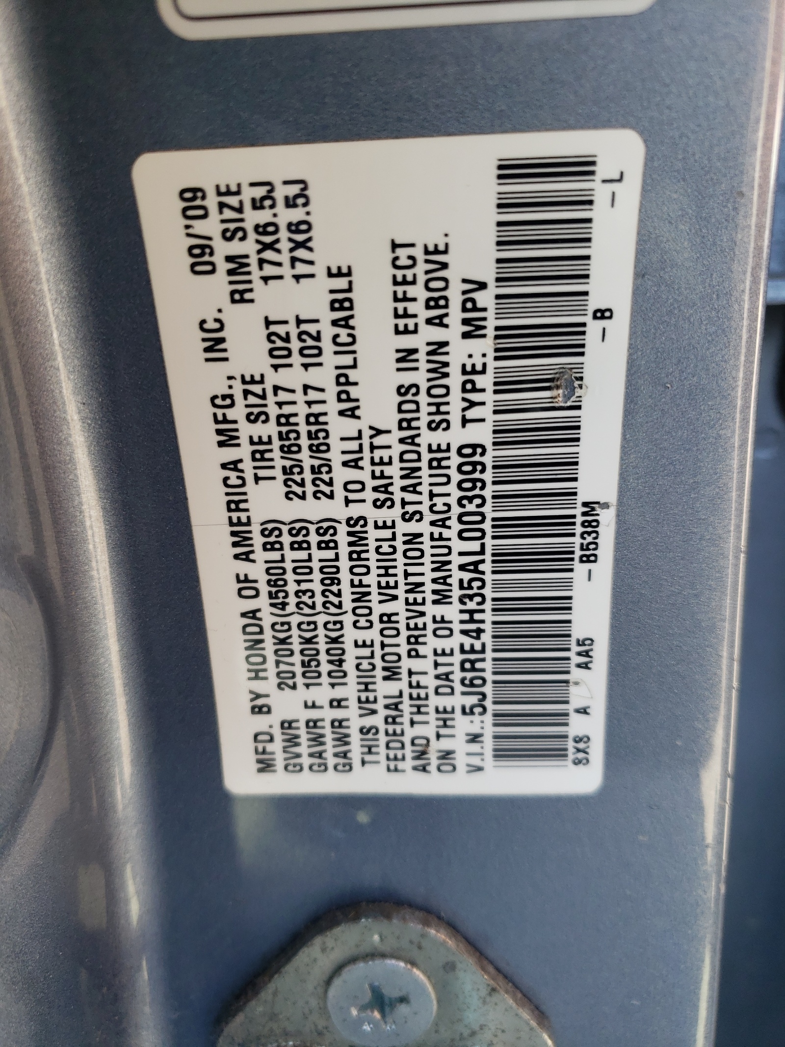 5J6RE4H35AL003999 2010 Honda Cr-V Lx