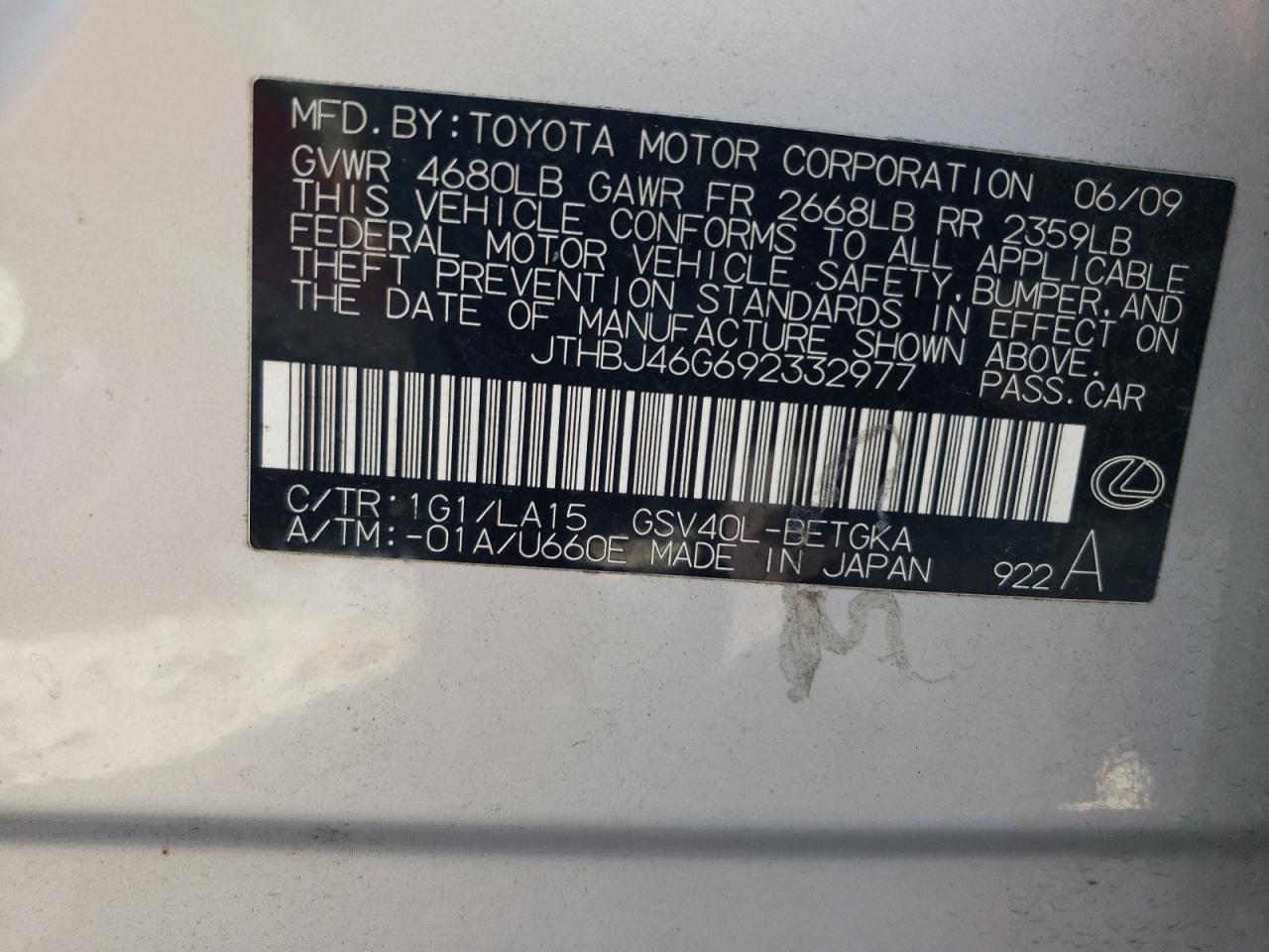 2009 Lexus Es 350 VIN: JTHBJ46G692332977 Lot: 65108314