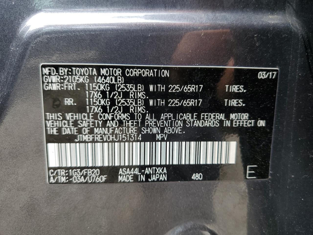 JTMBFREV0HJ151314 2017 Toyota Rav4 Le