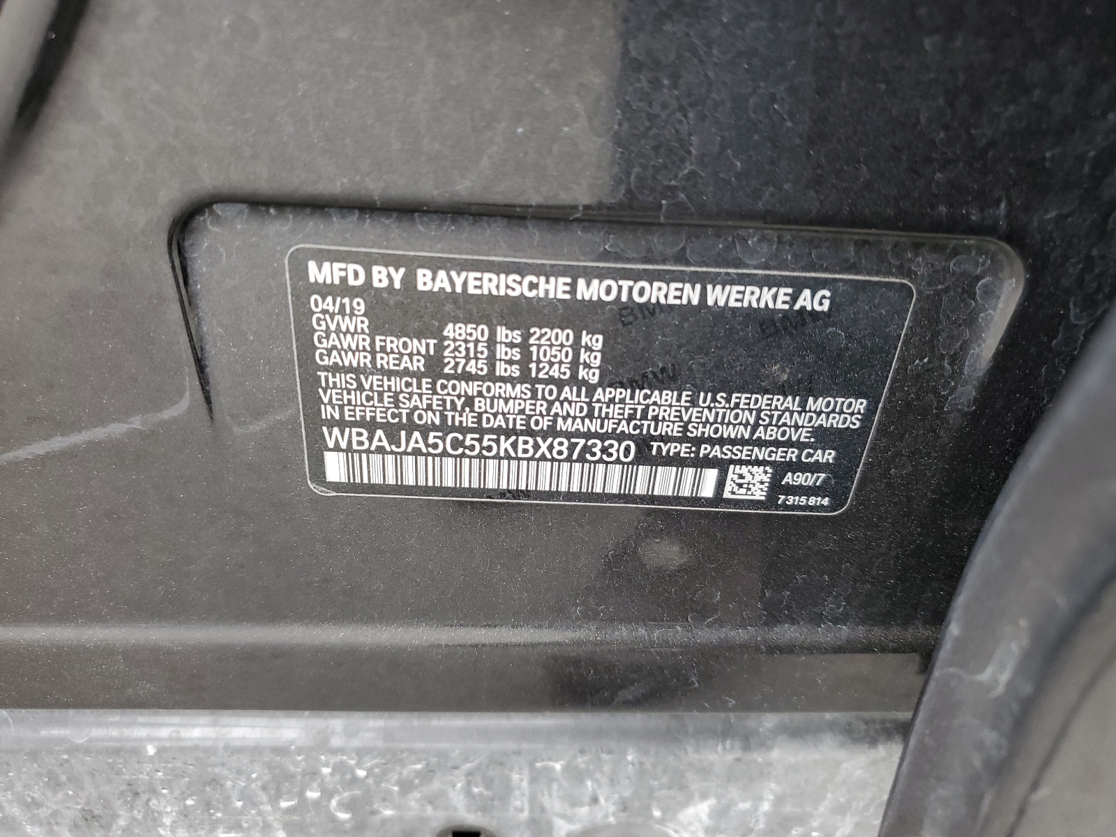 WBAJA5C55KBX87330 2019 BMW 530 I