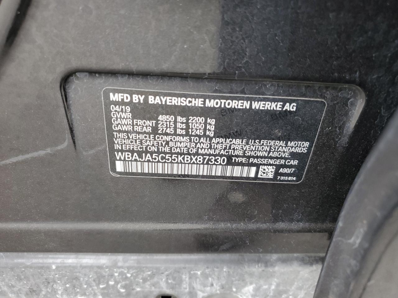 2019 BMW 530 I VIN: WBAJA5C55KBX87330 Lot: 62532234