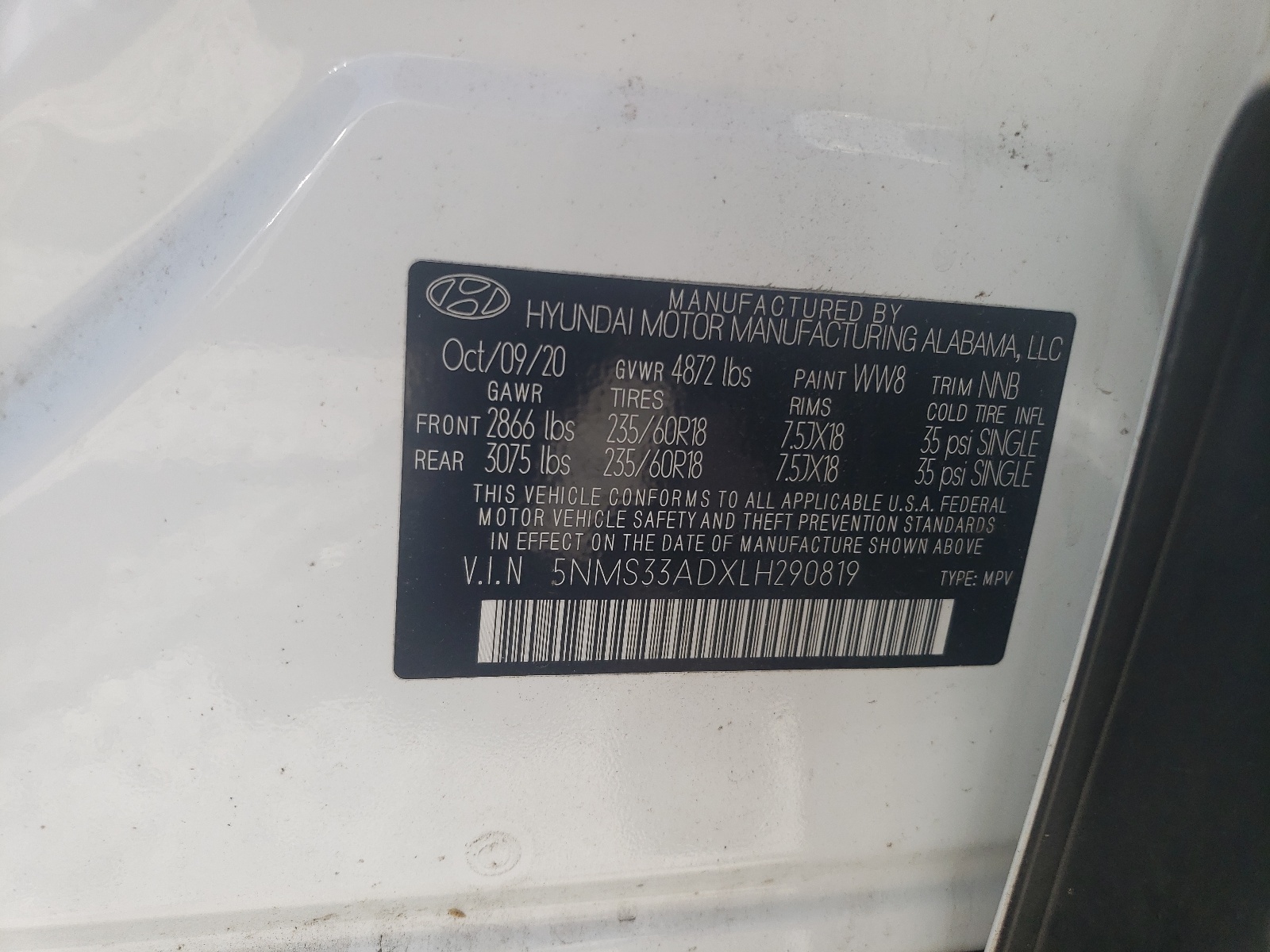 5NMS33ADXLH290819 2020 Hyundai Santa Fe Sel