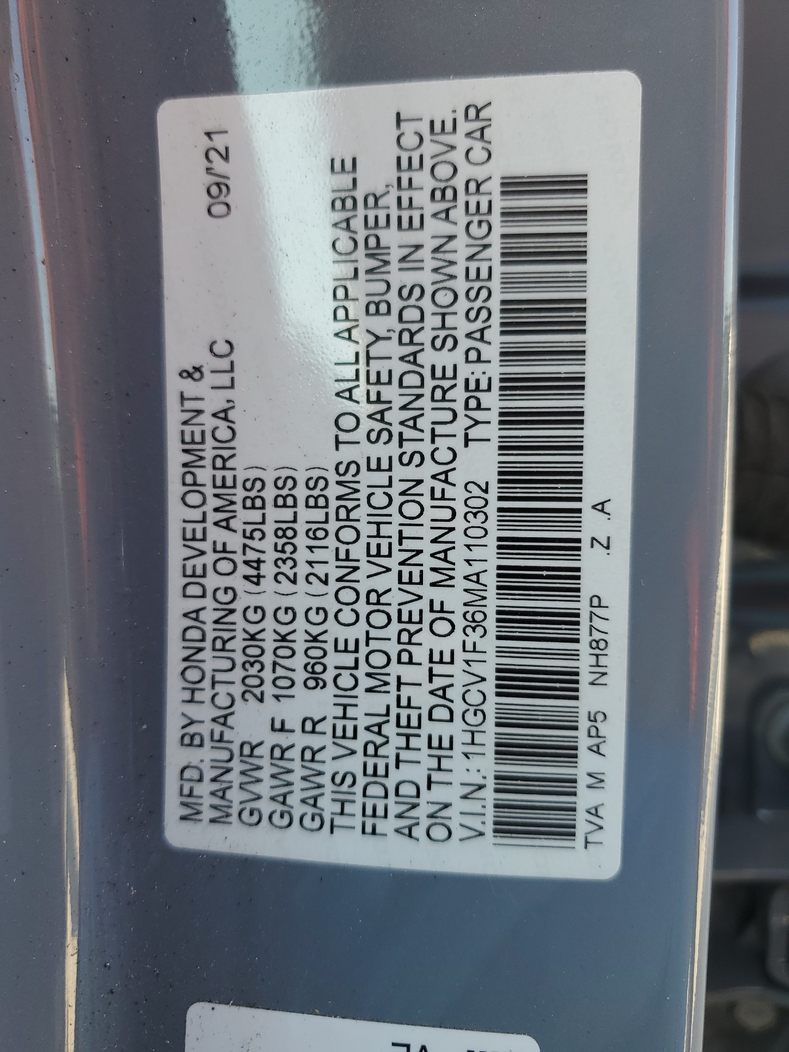 1HGCV1F36MA110302 2021 Honda Accord Sport