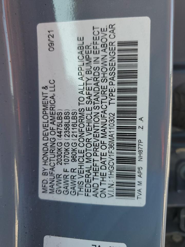 2021 Honda Accord Sport VIN: 1HGCV1F36MA110302 Lot: 61797444