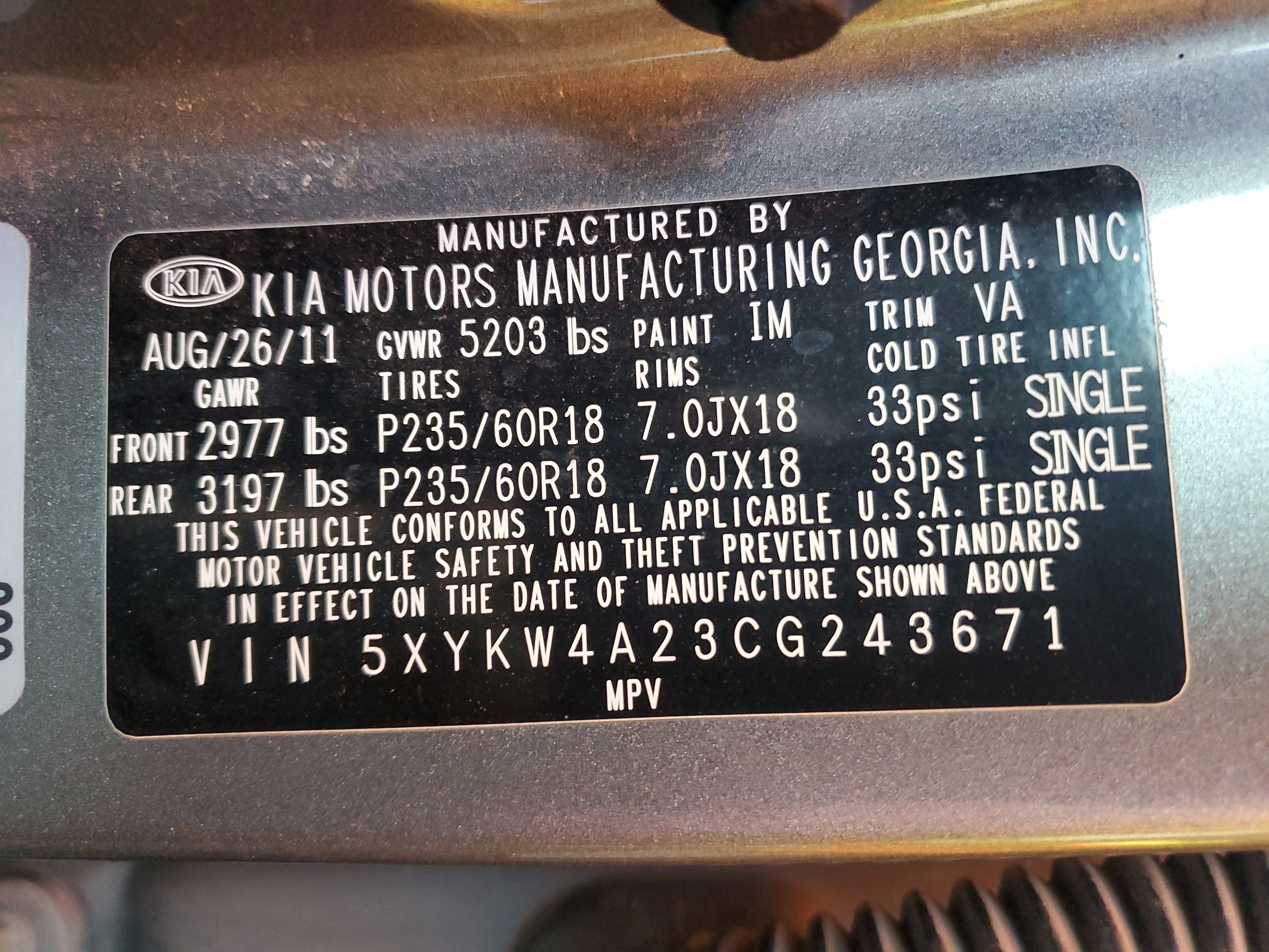 5XYKW4A23CG243671 2012 Kia Sorento Sx