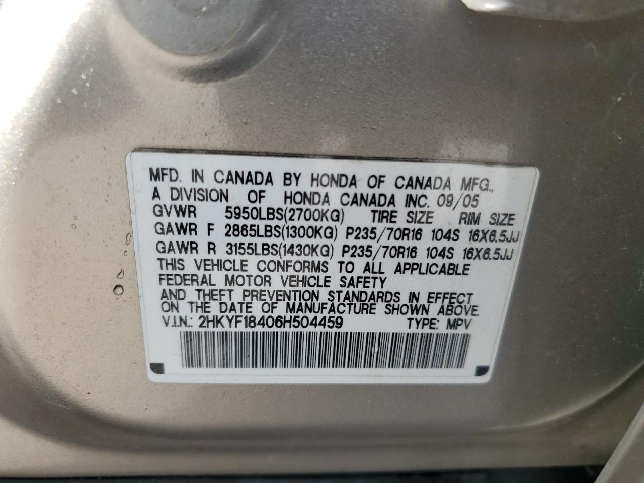 2006 Honda Pilot Ex VIN: 2HKYF18406H504459 Lot: 64271034