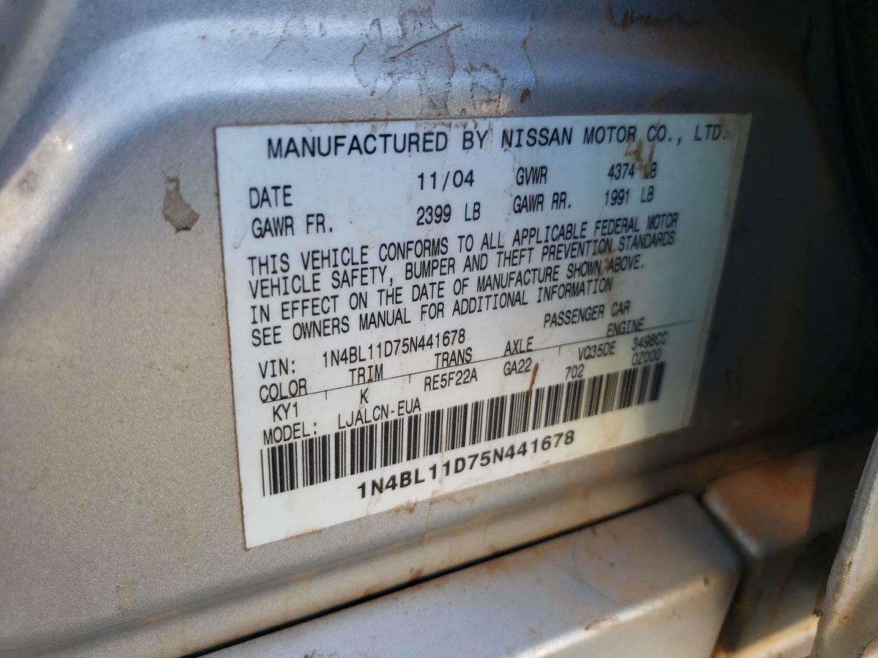 2005 Nissan Altima Se VIN: 1N4BL11D75N441678 Lot: 62186744