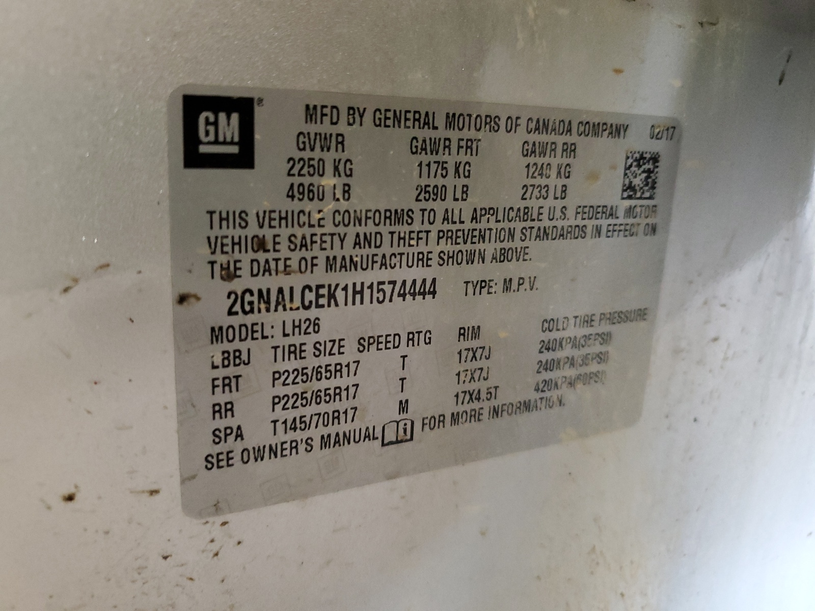 2GNALCEK1H1574444 2017 Chevrolet Equinox Lt