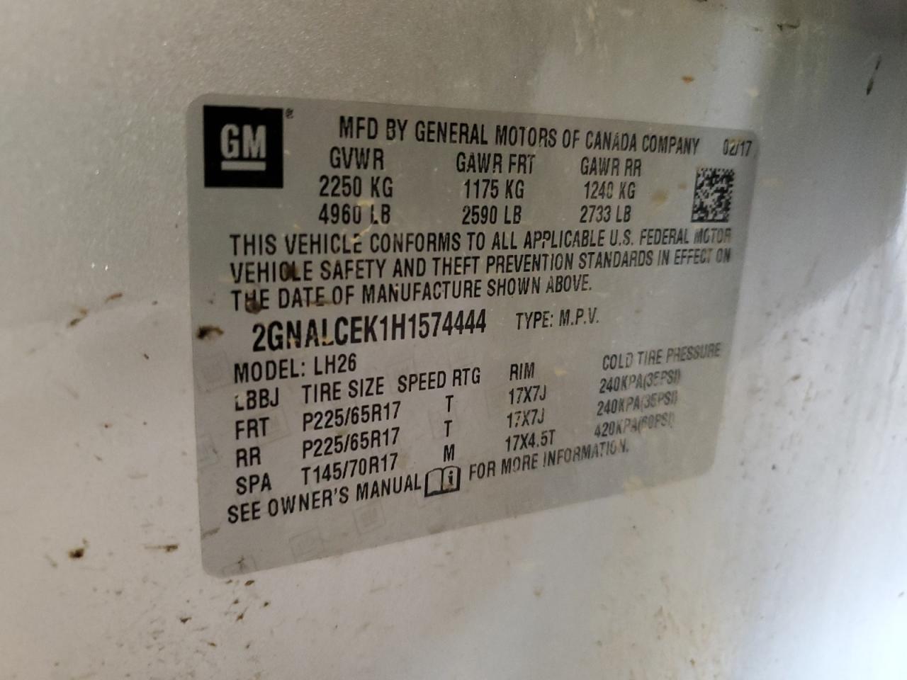 2017 Chevrolet Equinox Lt VIN: 2GNALCEK1H1574444 Lot: 61598724