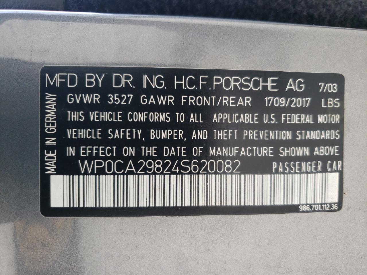 2004 Porsche Boxster VIN: WP0CA29824S620082 Lot: 64548424