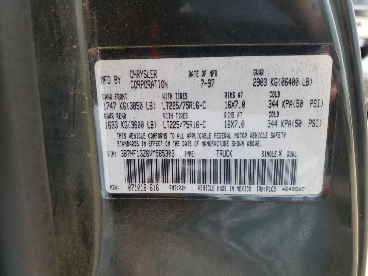 1997 Dodge Ram 1500 VIN: 3B7HF13Z6VM585303 Lot: 63880874