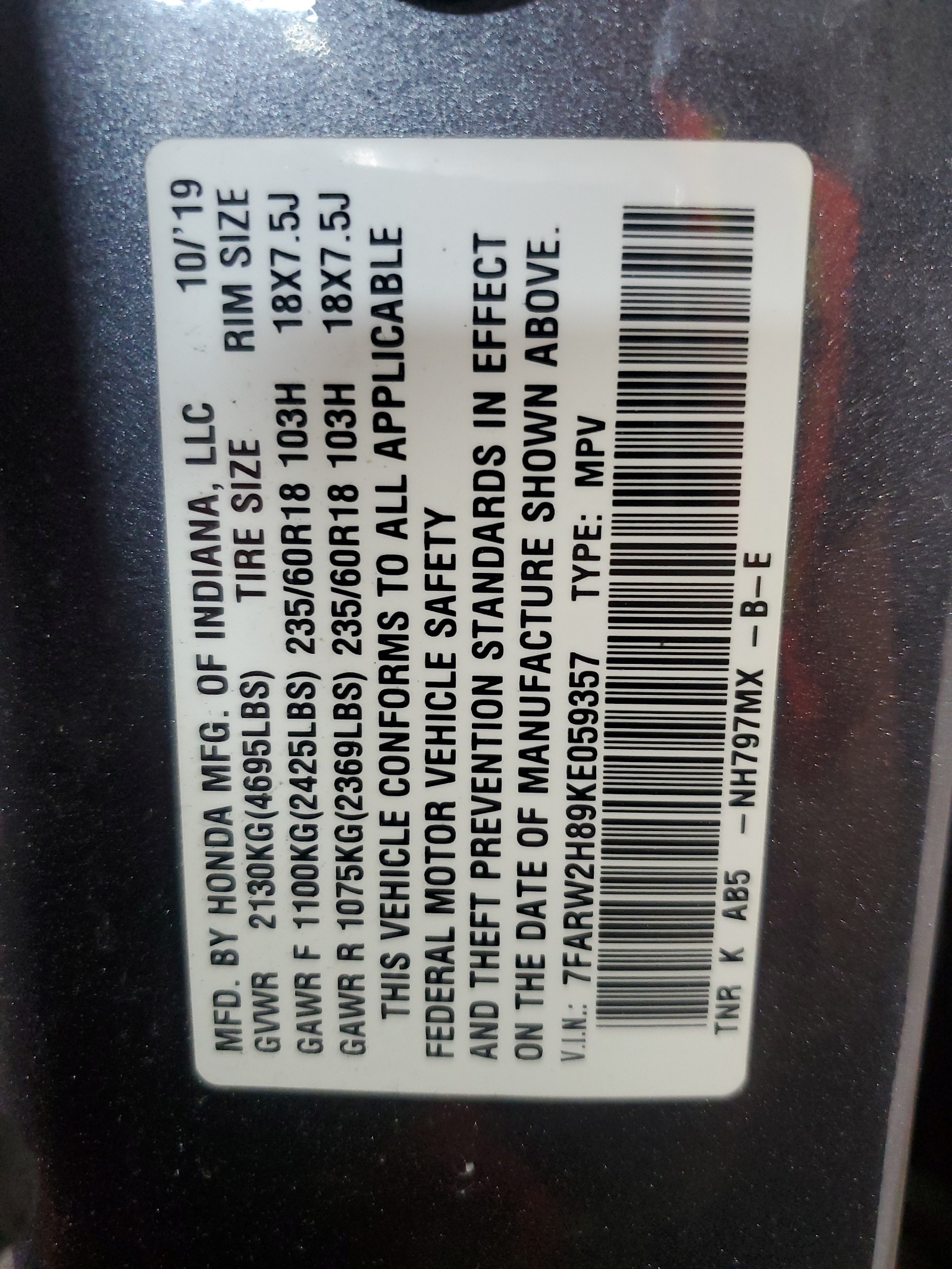 7FARW2H89KE059357 2019 Honda Cr-V Exl