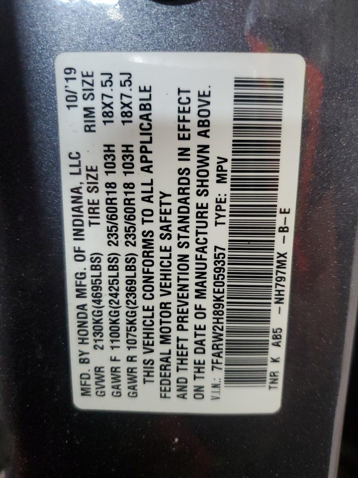 2019 Honda Cr-V Exl VIN: 7FARW2H89KE059357 Lot: 65290404