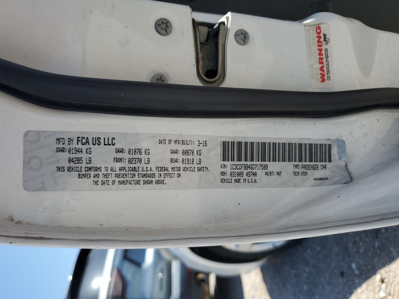 2016 Dodge Dart Sxt VIN: 1C3CDFBB4GD717589 Lot: 61850094