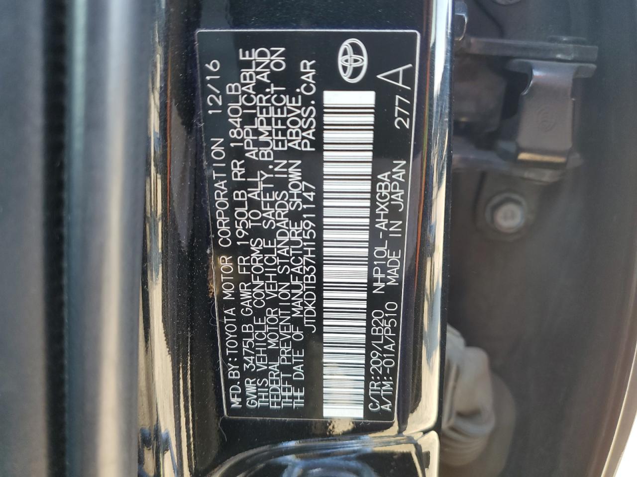 2017 Toyota Prius C VIN: JTDKDTB37H1591147 Lot: 63547004