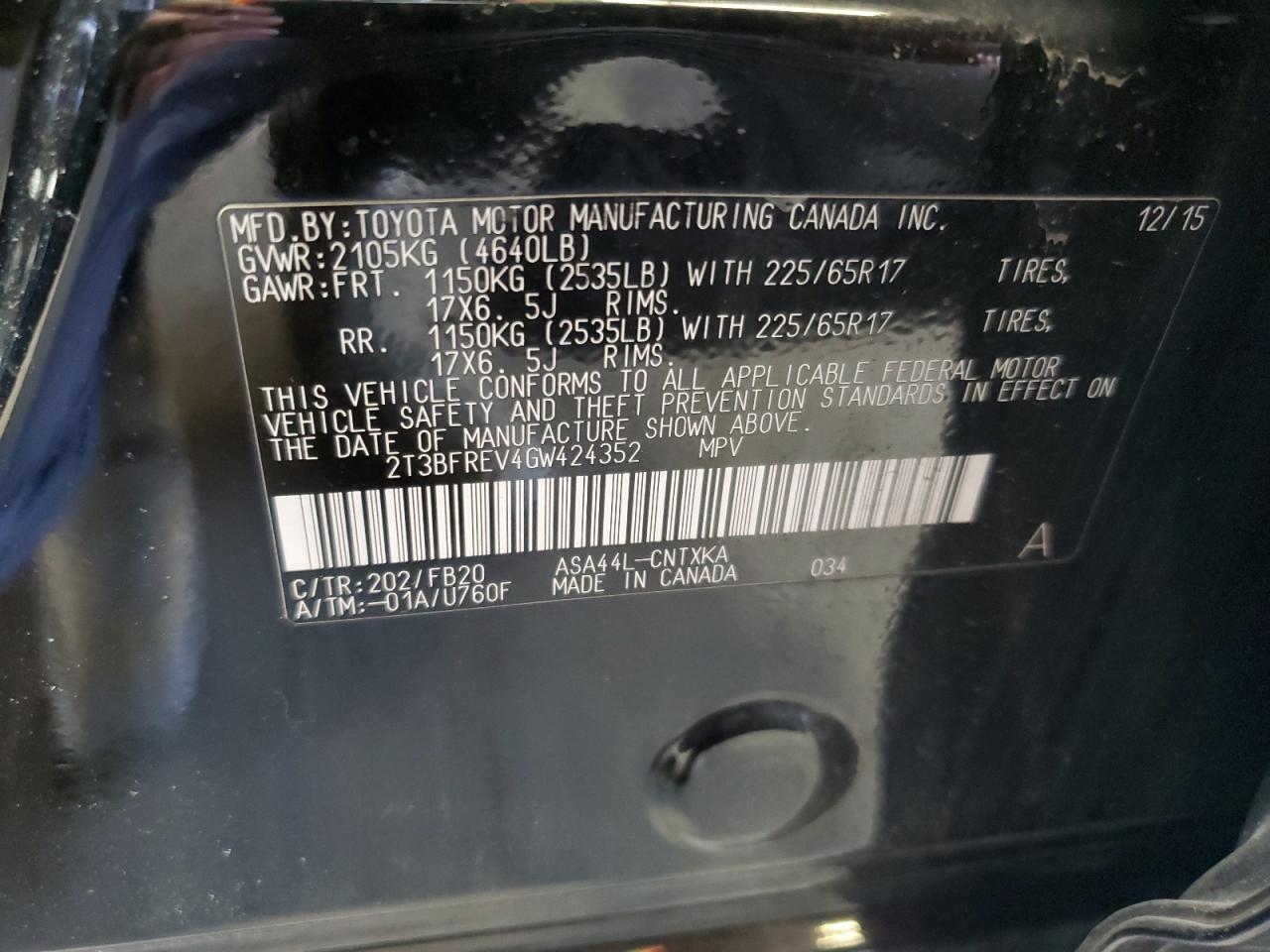 2016 Toyota Rav4 Le VIN: 2T3BFREV4GW424352 Lot: 64697654