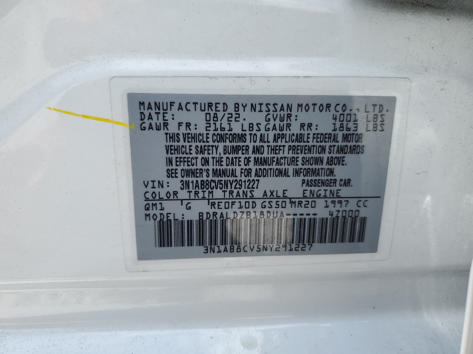 3N1AB8CV5NY291227 2022 Nissan Sentra Sv