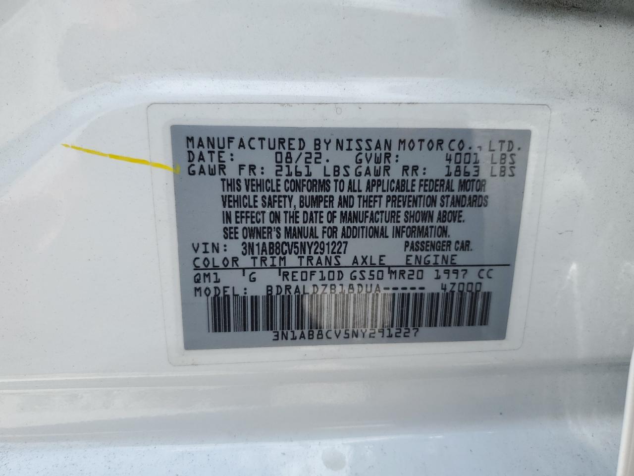 2022 Nissan Sentra Sv VIN: 3N1AB8CV5NY291227 Lot: 63887774