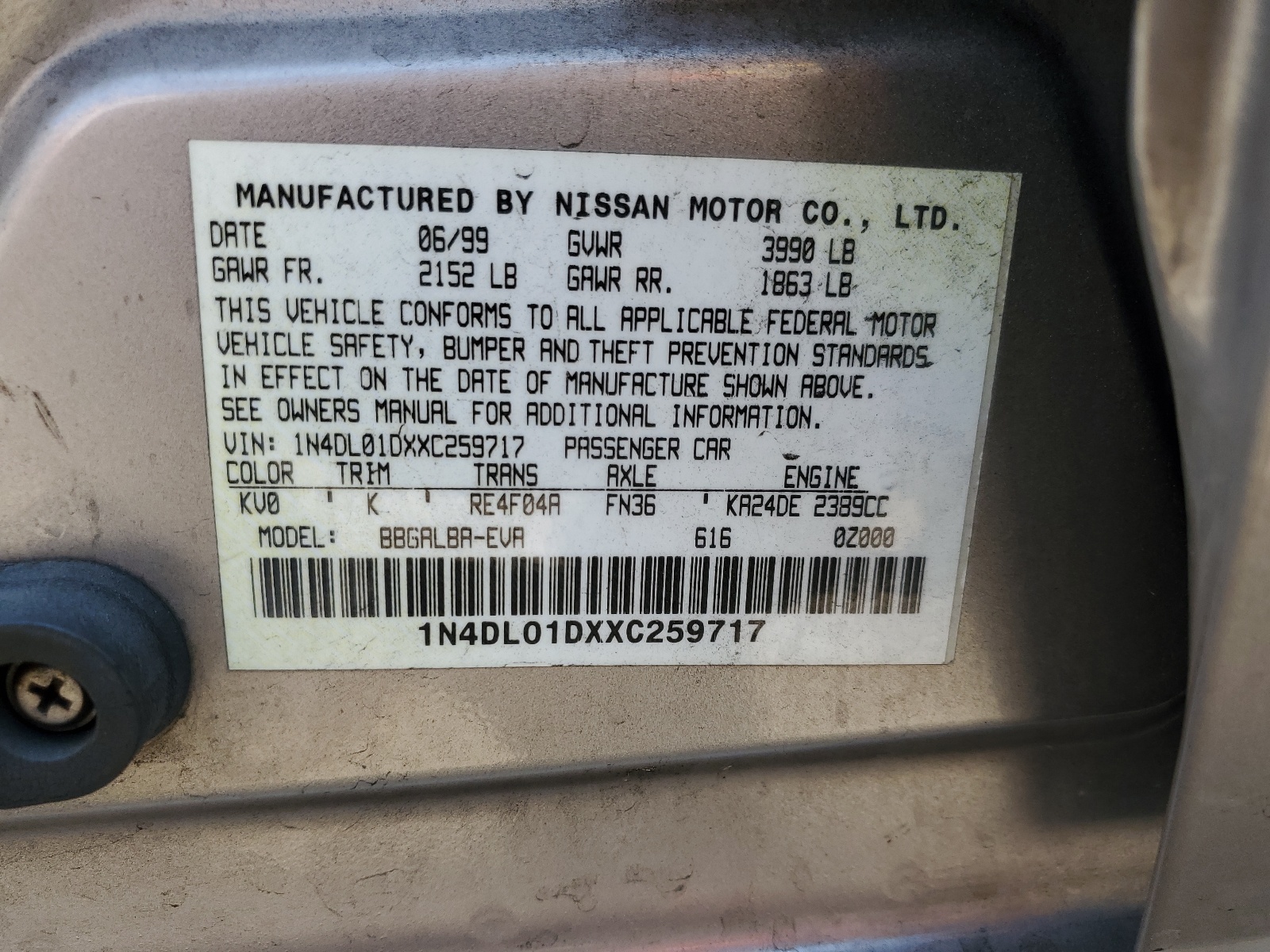 1N4DL01DXXC259717 1999 Nissan Altima Xe