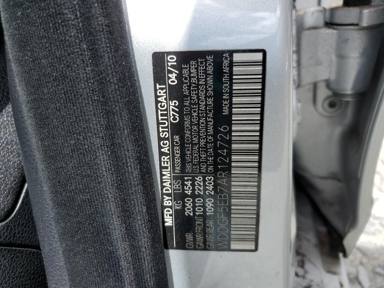 2010 Mercedes-Benz C 300 VIN: WDDGF5EB7AR124726 Lot: 64954034