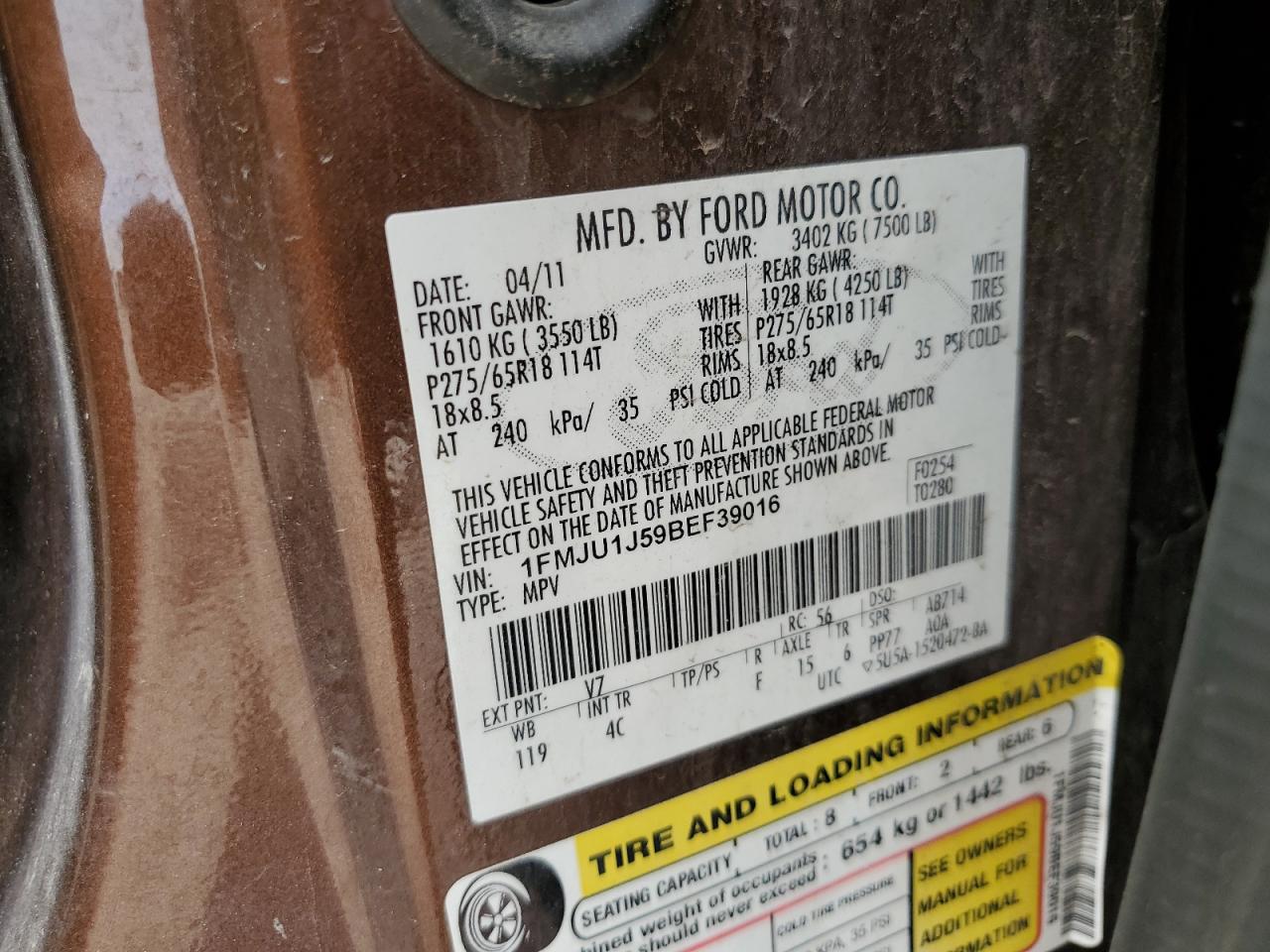 2011 Ford Expedition Xlt VIN: 1FMJU1J59BEF39016 Lot: 64188994