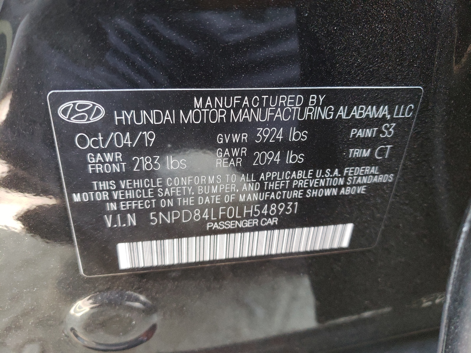 2020 Hyundai Elantra Sel vin: 5NPD84LF0LH548931