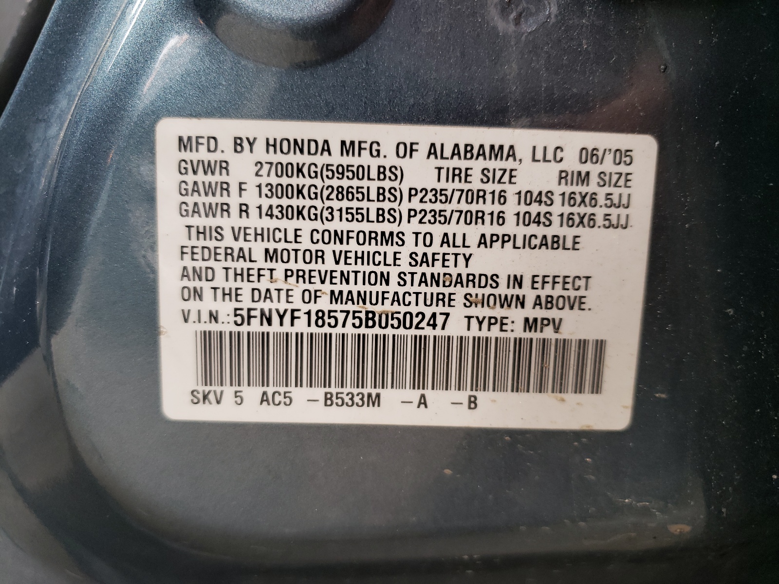 5FNYF18575B050247 2005 Honda Pilot Exl