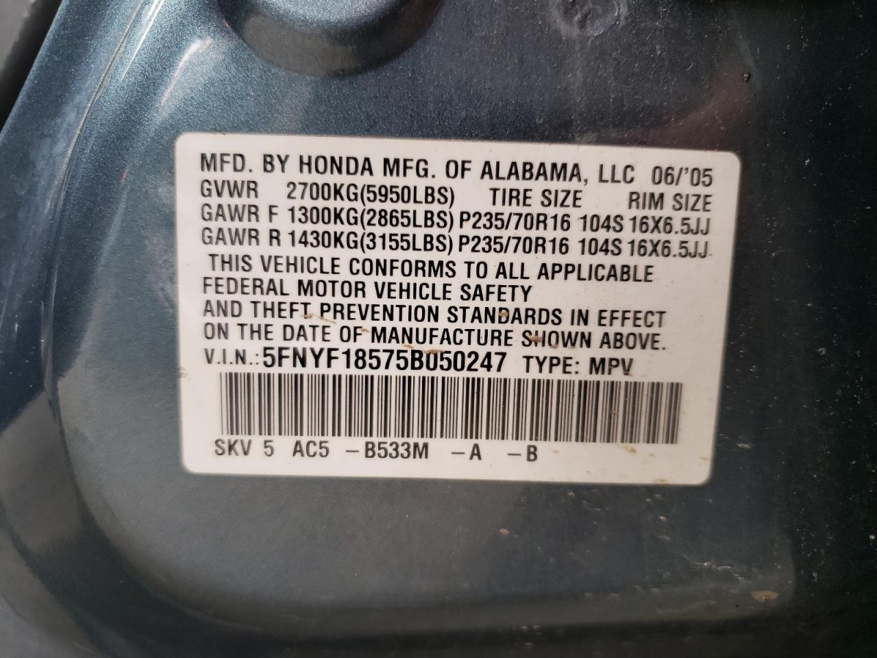 2005 Honda Pilot Exl VIN: 5FNYF18575B050247 Lot: 63125924