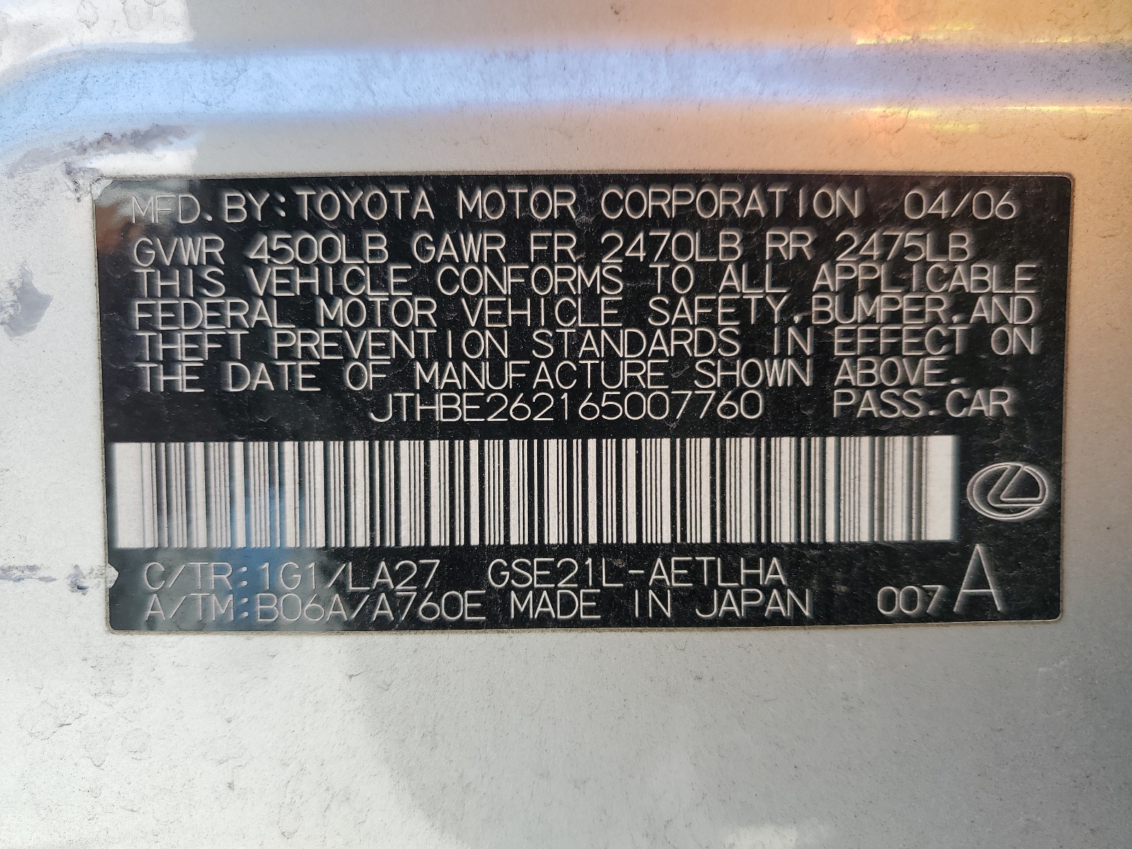 JTHBE262165007760 2006 Lexus Is 350