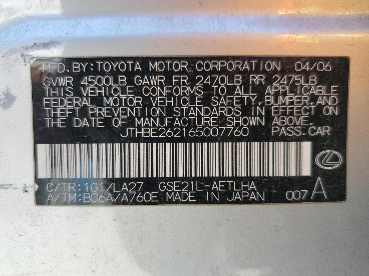 2006 Lexus Is 350 VIN: JTHBE262165007760 Lot: 63306584