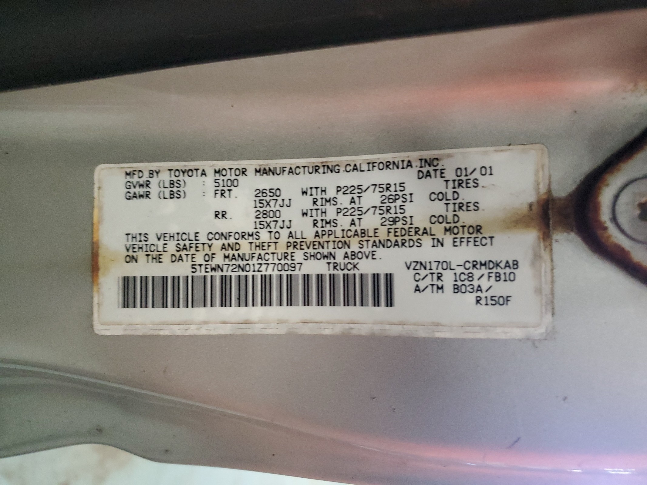 5TEWN72N01Z770097 2001 Toyota Tacoma Xtracab