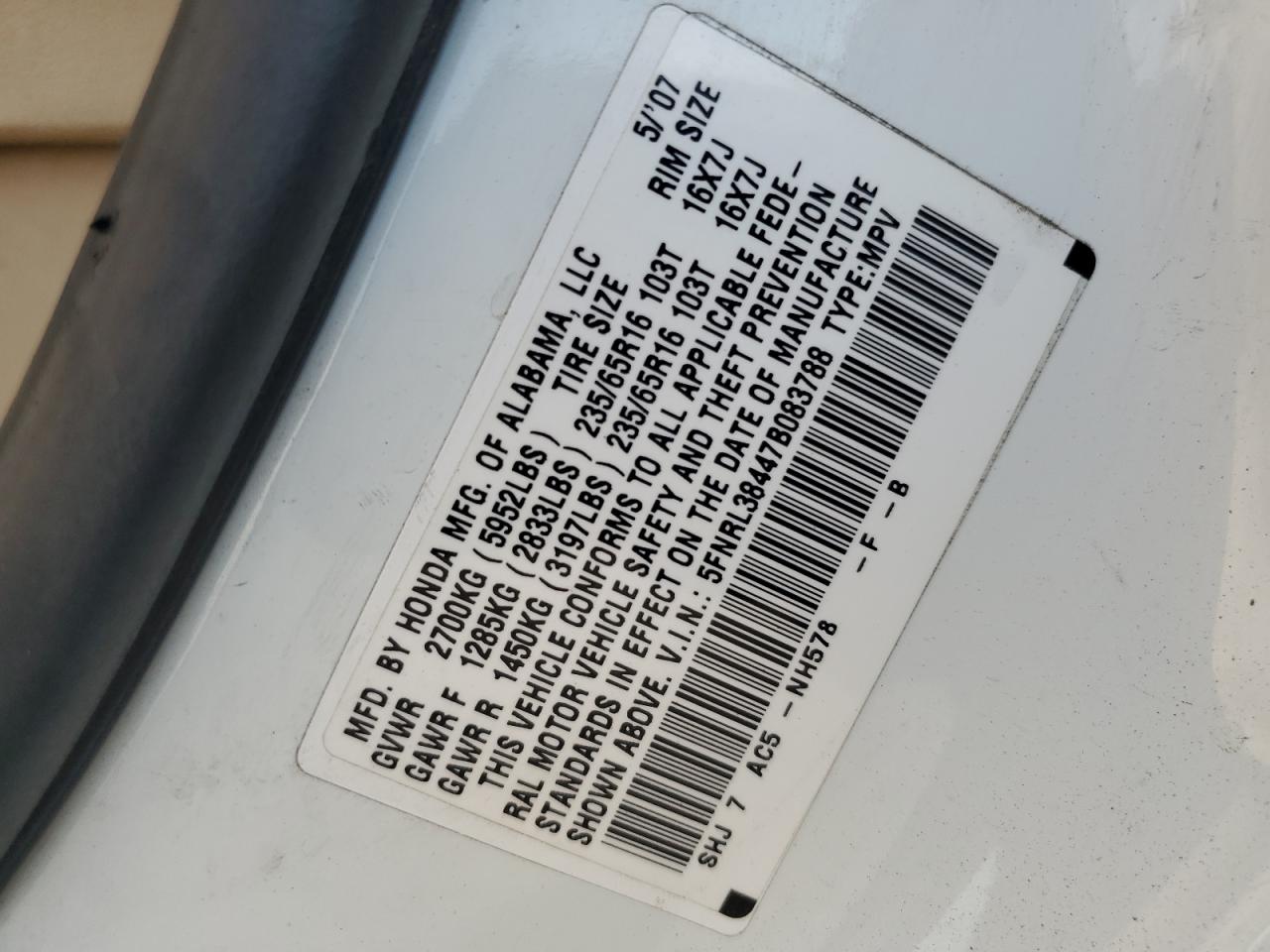 2007 Honda Odyssey Ex VIN: 5FNRL38447B083788 Lot: 62554894