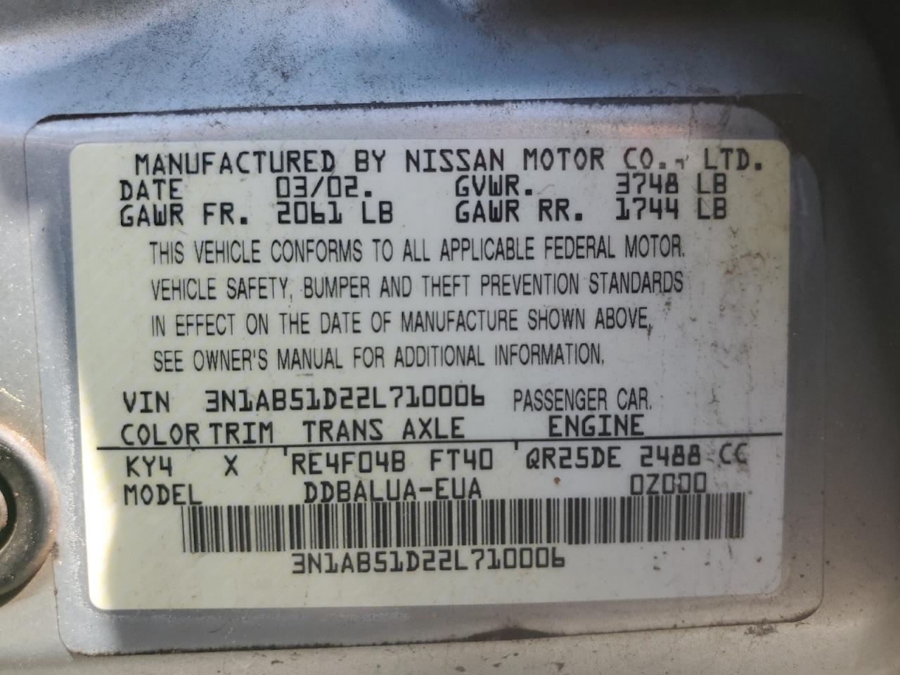 2002 Nissan Sentra Se-R Spec V VIN: 3N1AB51D22L710006 Lot: 60615994