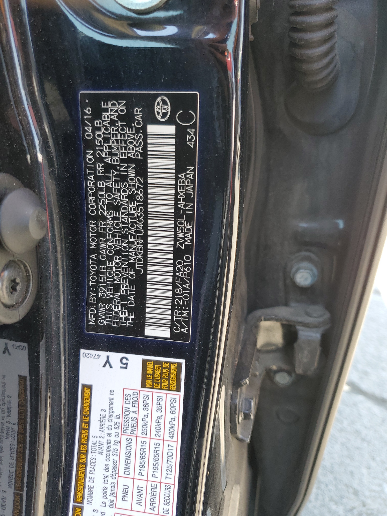 JTDKBRFU4G3518672 2016 Toyota Prius