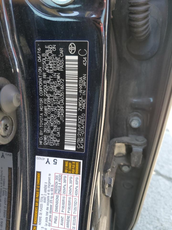 2016 Toyota Prius VIN: JTDKBRFU4G3518672 Lot: 62952654